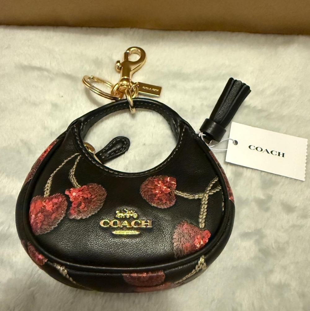 Coach Black Leather Mini Carmen Cherry Charm Key Pouch with Gold Hardware - Picture 3 of 4